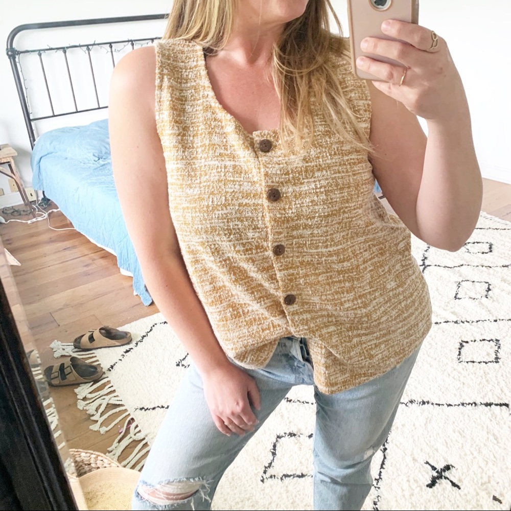 NWT W5 mustard tweed button up tank top XL